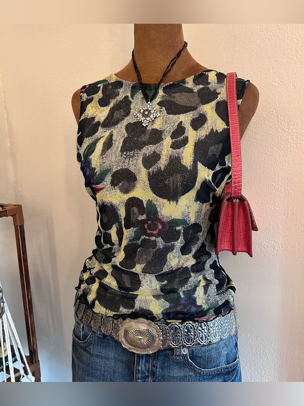 Y2K McBling Goth Silver + Black Leopard Print Tank Top by Maxi